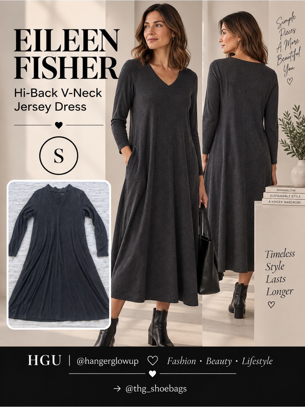 RETAIL: $258 Eileen Fisher Charcoal V-Neck Long Sleeve Swing Dress Size S NWOT